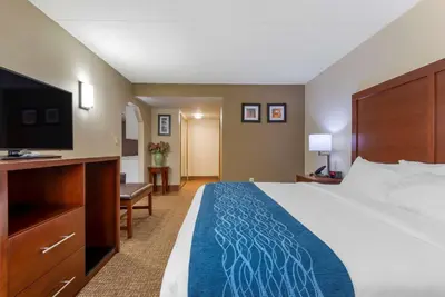 a hotel room with a bed and a flat screen tv at Comfort Inn Binghamton I-81 in Binghamton