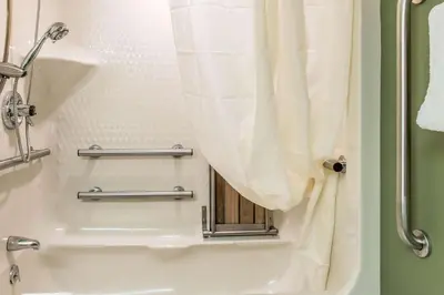 a bathroom with a toilet with a shower curtain at Sleep Inn & Suites of Lancaster County in Mountville