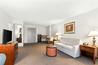 a living room with a couch and a tv at Comfort Inn Pocono Lakes Region in Lake Ariel