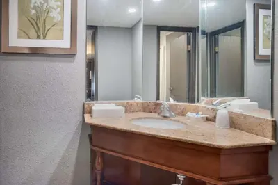 a bathroom with a sink and a large mirror at Rodeway Inn Carlisle North in Carlisle