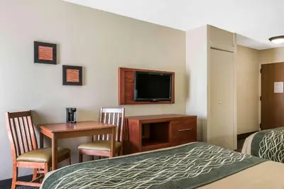 a hotel room with a bed and a desk and a television at Comfort Inn Pine Grove I-81 Hershey Area in Pine Grove
