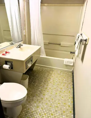 a bathroom with a toilet and a sink and a tub at Econo Lodge Drums in Drums
