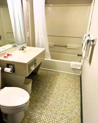 a bathroom with a toilet and a sink and a tub at Econo Lodge Drums in Drums
