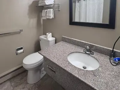 a bathroom with a white toilet and a sink at Rodeway Inn & Suites Hershey Chocolate Avenue in Hershey