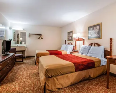 a hotel room with two beds and a television at Econo Lodge Douglassville-Pottstown in Douglassville