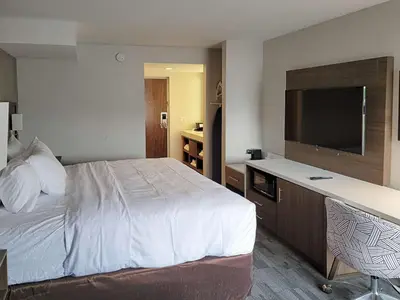 a hotel room with a bed and a flat screen tv at Comfort Inn & Suites Wyomissing-Reading in Wyomissing