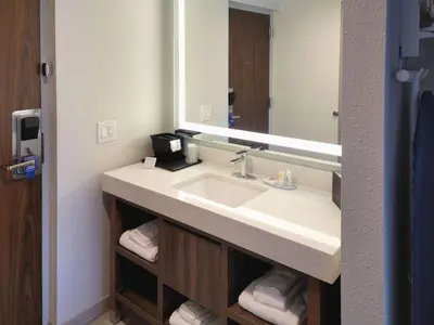 a bathroom with a sink and a mirror at Comfort Inn & Suites Wyomissing-Reading in Wyomissing