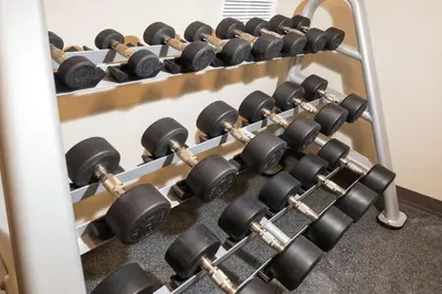 a row of dumbbell racks in a gym at Home2 Suites By Hilton King Of Prussia Valley Forge in King of Prussia