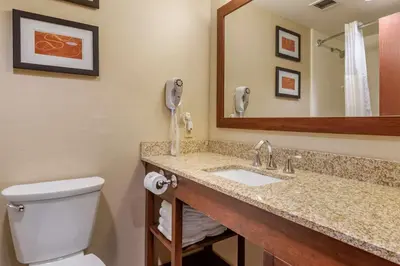 a bathroom with a toilet and a sink with a phone at Comfort Suites Downtown Carlisle in Carlisle