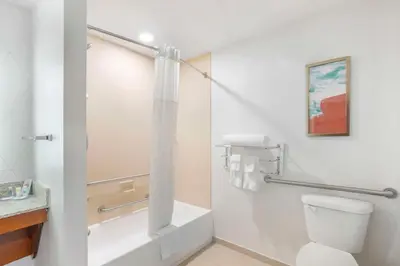 a bathroom with a white toilet and a sink at Comfort Suites Bloomsburg in Bloomsburg