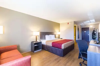 a hotel room with a bed and a chair at Econo Lodge Harrisburg - Southwest of Hershey Area in Harrisburg