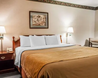 a large bed in a hotel room with two lamps at Quality Inn Midway in Bethel