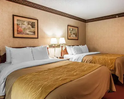 a hotel room with two beds and two lamps at Quality Inn Midway in Bethel
