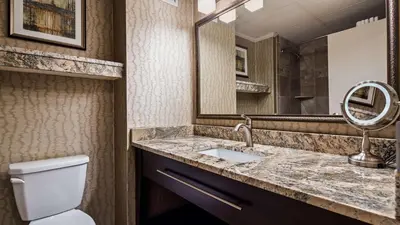 a bathroom with a toilet and a sink and a mirror at Inn at Mendehall in Mendenhall