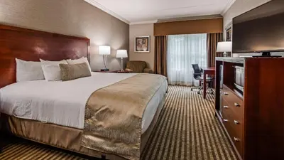 a hotel room with a large bed and a television at Inn at Mendehall in Mendenhall