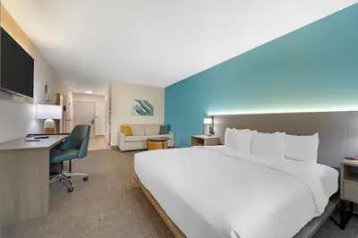 a hotel room with a large bed and a desk at Comfort Suites Lewisburg near University in Lewisburg