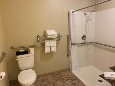 a bathroom with a toilet and a shower at SureStay Plus by Best Western Jonestown Lebanon Valley in Jonestown