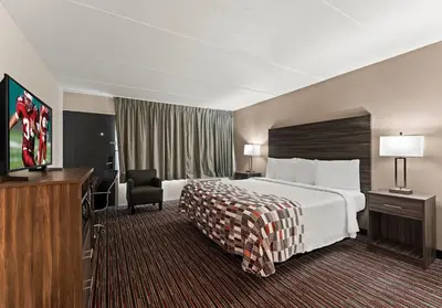 a hotel room with a large bed and a television at Red Roof Inn Reading in Reading
