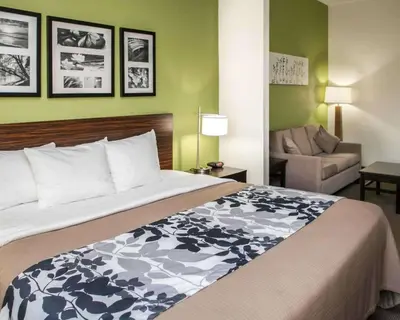 a hotel room with a bed and a couch at Sleep Inn & Suites Harrisburg - Hershey North in Harrisburg