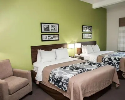 a hotel room with two beds and a chair at Sleep Inn & Suites Harrisburg - Hershey North in Harrisburg