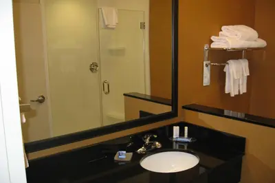 a bathroom with a sink and a mirror and a shower at Fairfield Inn & Suites by Marriott Elmira Corning in Horseheads
