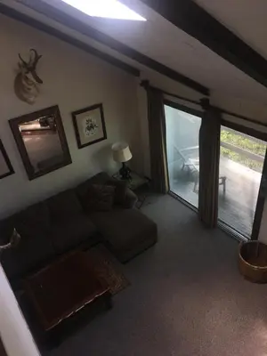 a living room with a couch and a large window at 106 Village at Camelback in Tannersville