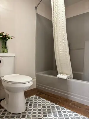 a bathroom with a white toilet and a bath tub at SHERWOOD MOTEL in Wellsboro