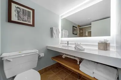 a white bathroom with a sink and a mirror at Radisson Hotel Philadelphia Northeast in Trevose