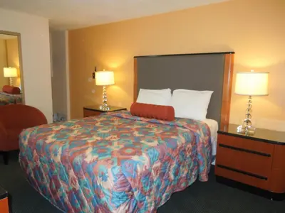 a hotel room with a large bed and two lamps at Sentinel Motel in West Chester