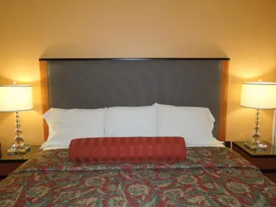 a bedroom with a large bed with two lamps at Sentinel Motel in West Chester