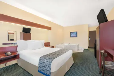 a hotel room with a large bed and a tub at Microtel Inn & Suites by Wyndham Hamburg in Hamburg