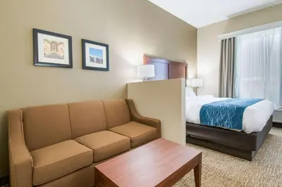 a hotel room with a couch and a bed at Comfort Inn & Suites Harrisburg - Hershey West in Harrisburg
