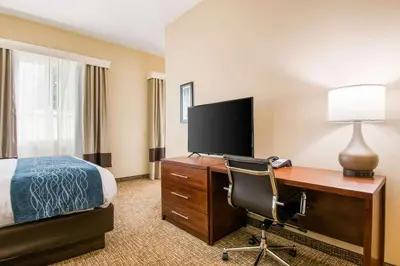 a hotel room with a bed and a desk with a television at Comfort Inn & Suites Harrisburg - Hershey West in Harrisburg