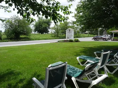 a group of lawn chairs sitting in the grass at Amish Country Motel in Bird in Hand