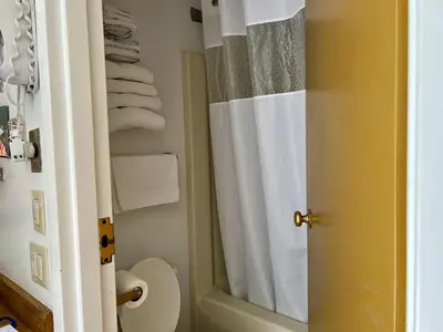 a bathroom with a shower curtain and a toilet at Travelodge by Wyndham Hershey in Hershey