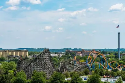 a group of roller coaster rides in a park at Travelodge by Wyndham Hershey in Hershey