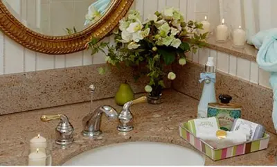 a bathroom sink with a mirror and a vase of flowers at Lambertville House in Lambertville