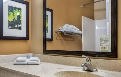 a bathroom with a sink with a mirror and towels at Extended Stay America Suites - Mt Olive - Budd Lake in Budd Lake