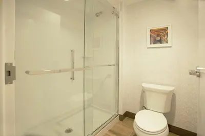 a bathroom with a toilet and a glass shower at Hampton Inn & Suites Kutztown, Pa in Kutztown