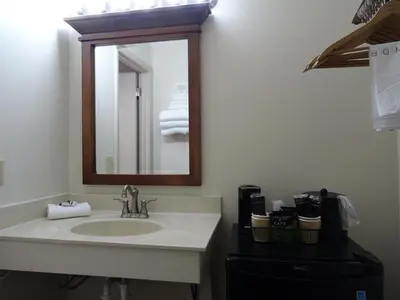 a bathroom with a sink and a mirror at Bird-in-Hand Family Inn in Bird in Hand