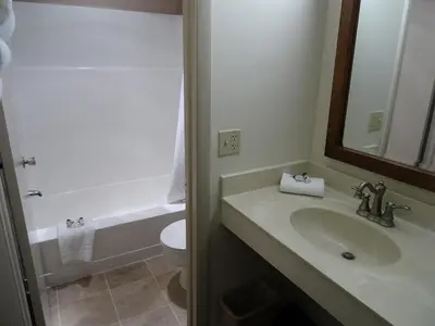 a bathroom with a sink and a toilet and a mirror at Bird-in-Hand Family Inn in Bird in Hand