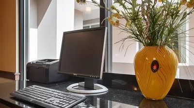 a desk with a computer monitor and a vase with a plant at Quality Inn & Suites Williamsport in Williamsport