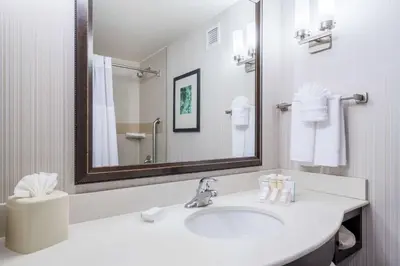 a white bathroom with a sink and a mirror at Hilton Garden Inn Valley Forge/Oaks in Oaks