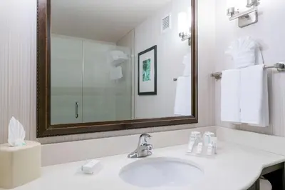 a white bathroom with a sink and a mirror at Hilton Garden Inn Valley Forge/Oaks in Oaks