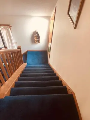 a set of stairs with blue carpet and a stair case at My Little Flagship Cabin in East Stroudsburg