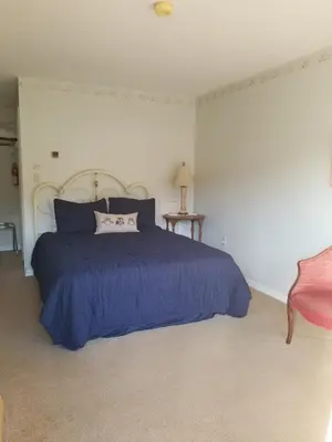 a bedroom with a large bed with a blue bedspread at Hawk Mountain Bed & Breakfast in Kempton