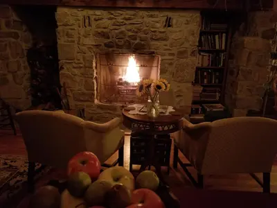 a room with a table with apples and a fireplace at Hawk Mountain Bed & Breakfast in Kempton