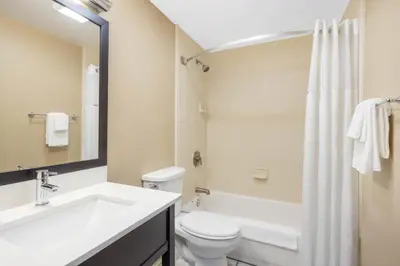a bathroom with a sink and a toilet and a shower at FairBridge Inn Express Nyack in Nyack