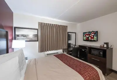 a hotel room with a bed and a television at Red Roof Inn Lancaster Strasburg in Lancaster