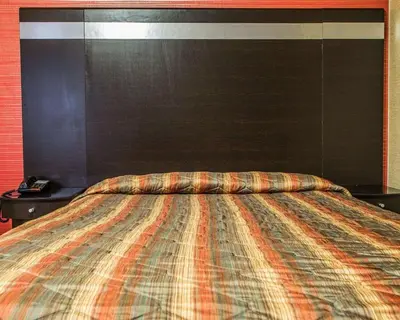 a bedroom with a bed with a large headboard at Rodeway Inn Belleville in Belleville
